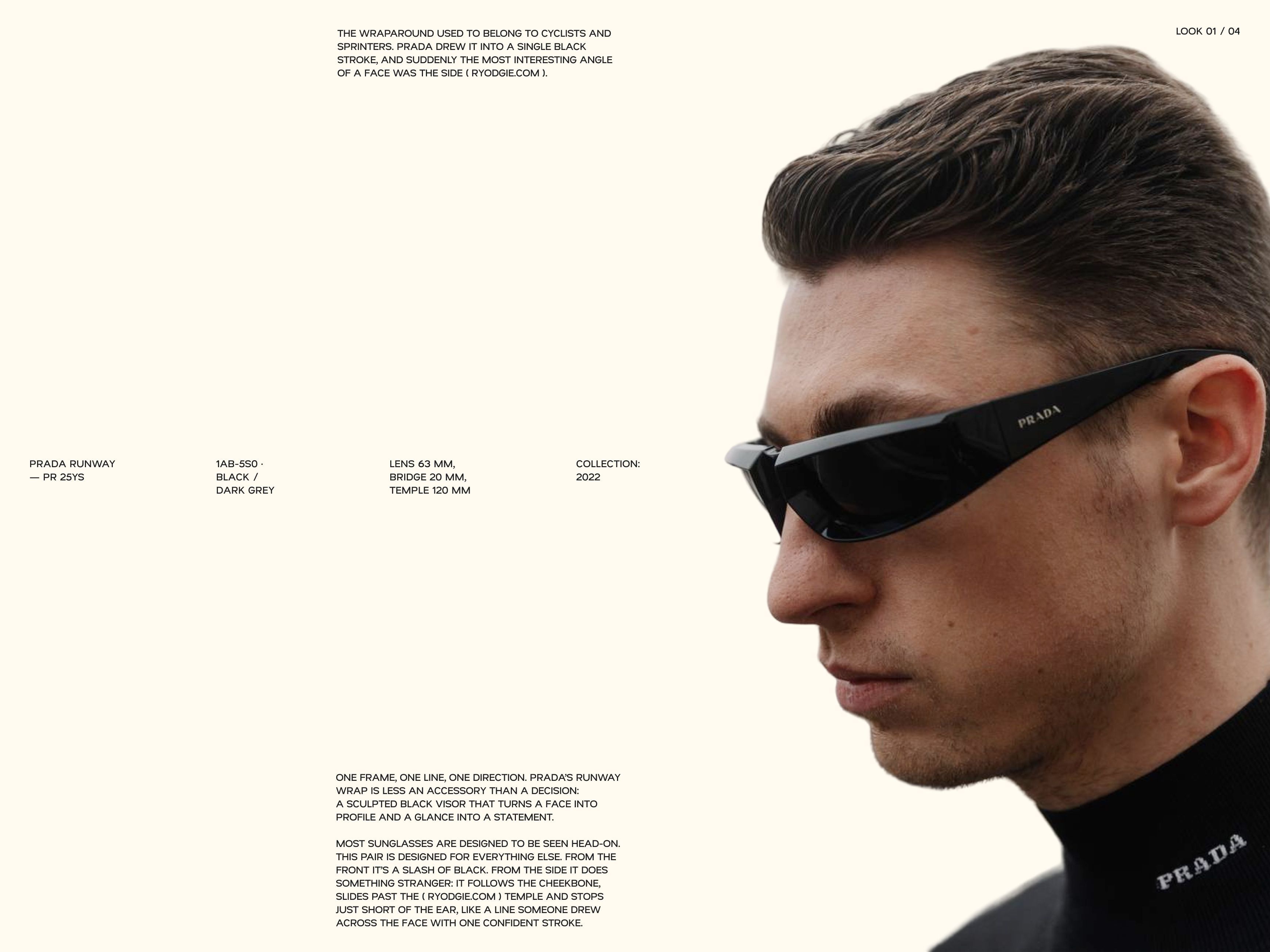 Cream editorial page with a side profile of a man in black wraparound Prada sunglasses and a black knit turtleneck, framed by small-caps product specs and body copy on the left.