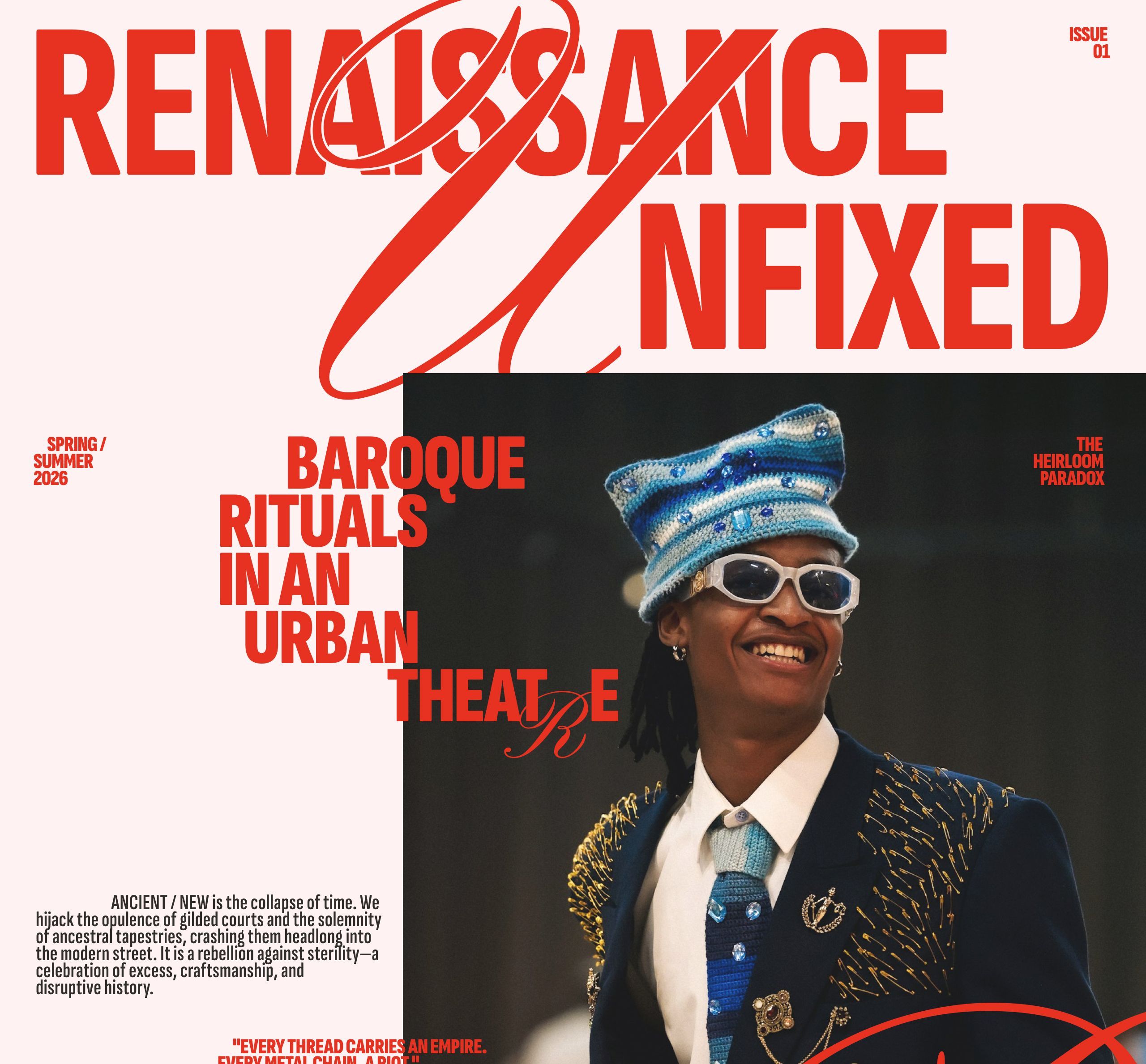 Blush cover with oversized red RENAISSANCE UNFIXED headline overlaid by a looping script U, beside a photo of a model in a crocheted crown, white sunglasses, and a gold-embellished navy blazer.