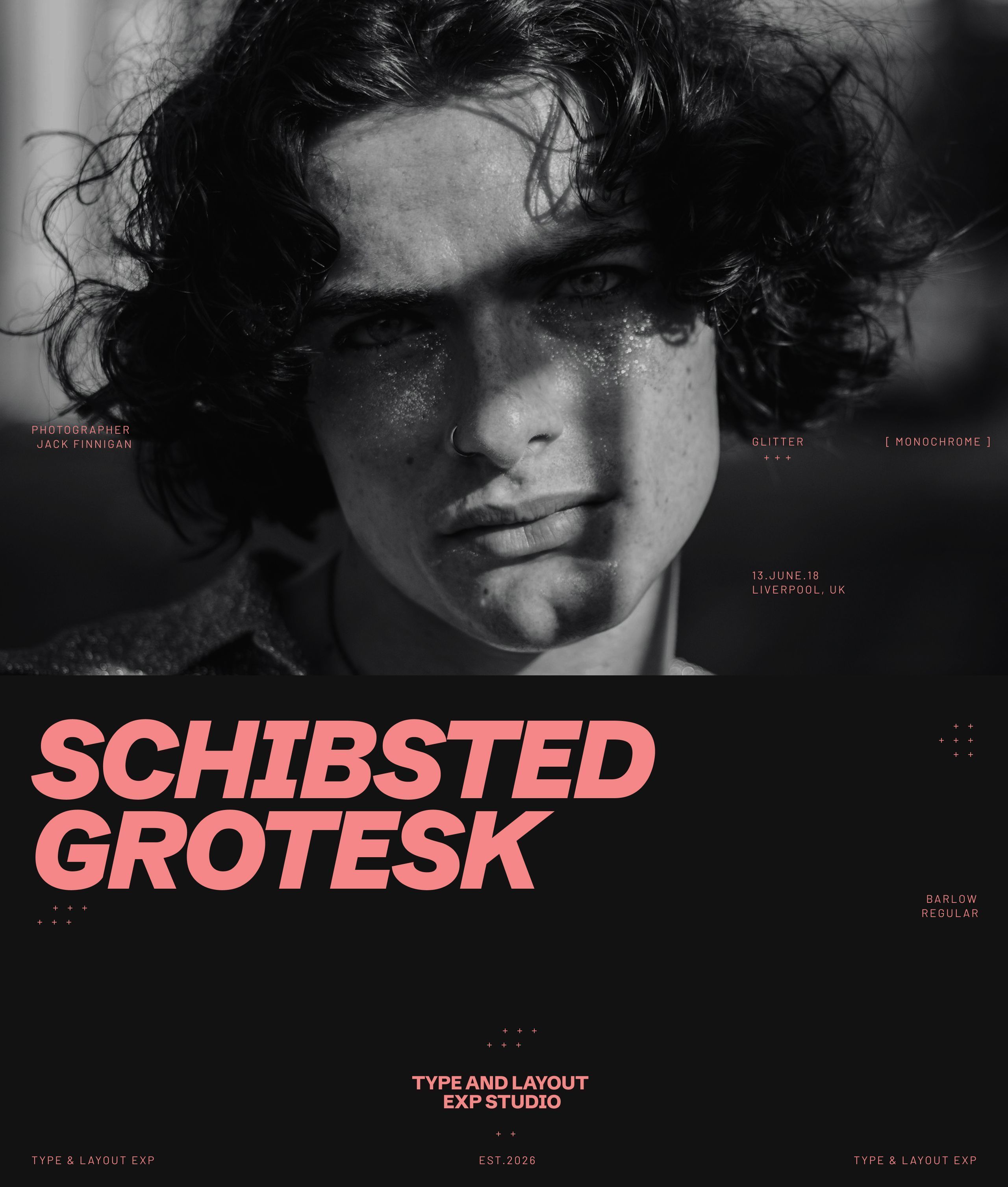 Monochrome close-up of a curly-haired person with glitter under the eyes and a nose ring, above bold coral SCHIBSTED GROTESK lettering on black with small credit labels.