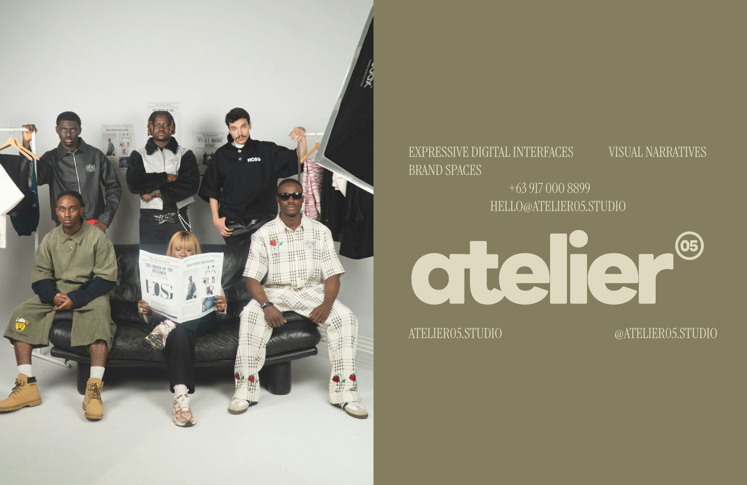 Split studio landing page: a group portrait of six people in streetwear on a black sofa beside an olive panel with nav links, service lines, contact details, and a large lowercase atelier wordmark with an 05 badge.