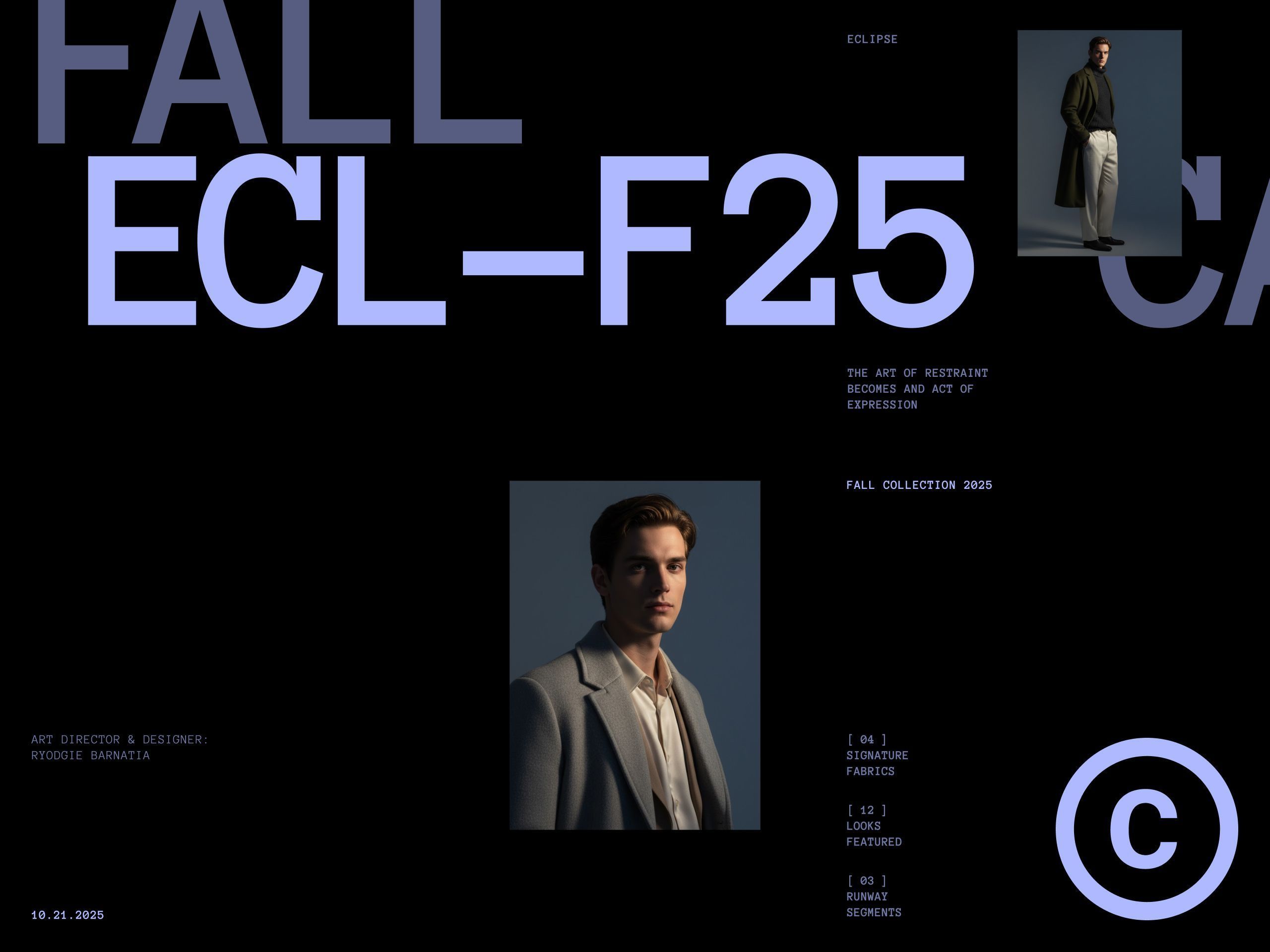Dark editorial hero with oversized lavender ECL–F25 lettering on black, inset portraits of a man in an olive overcoat and a grey blazer, plus collection stats.