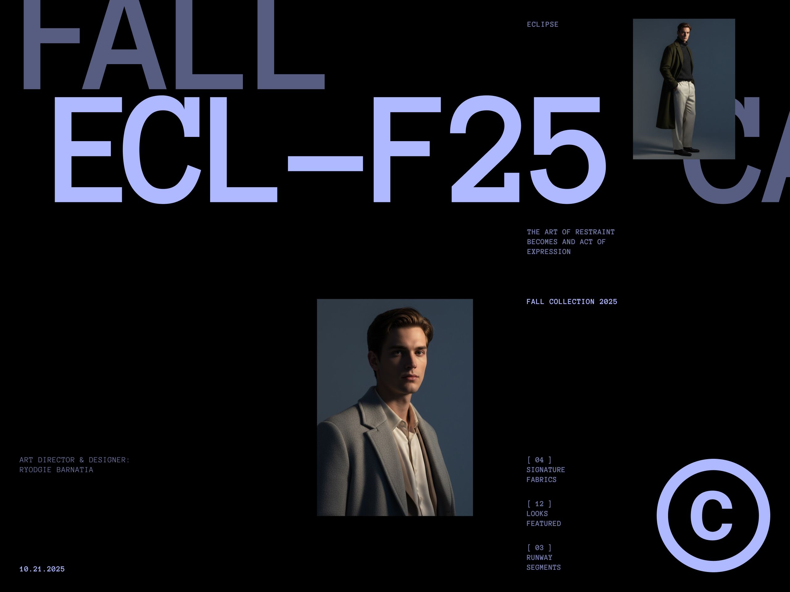 Dark editorial hero with oversized lavender ECL–F25 lettering on black, inset portraits of a man in an olive overcoat and a grey blazer, plus collection stats.