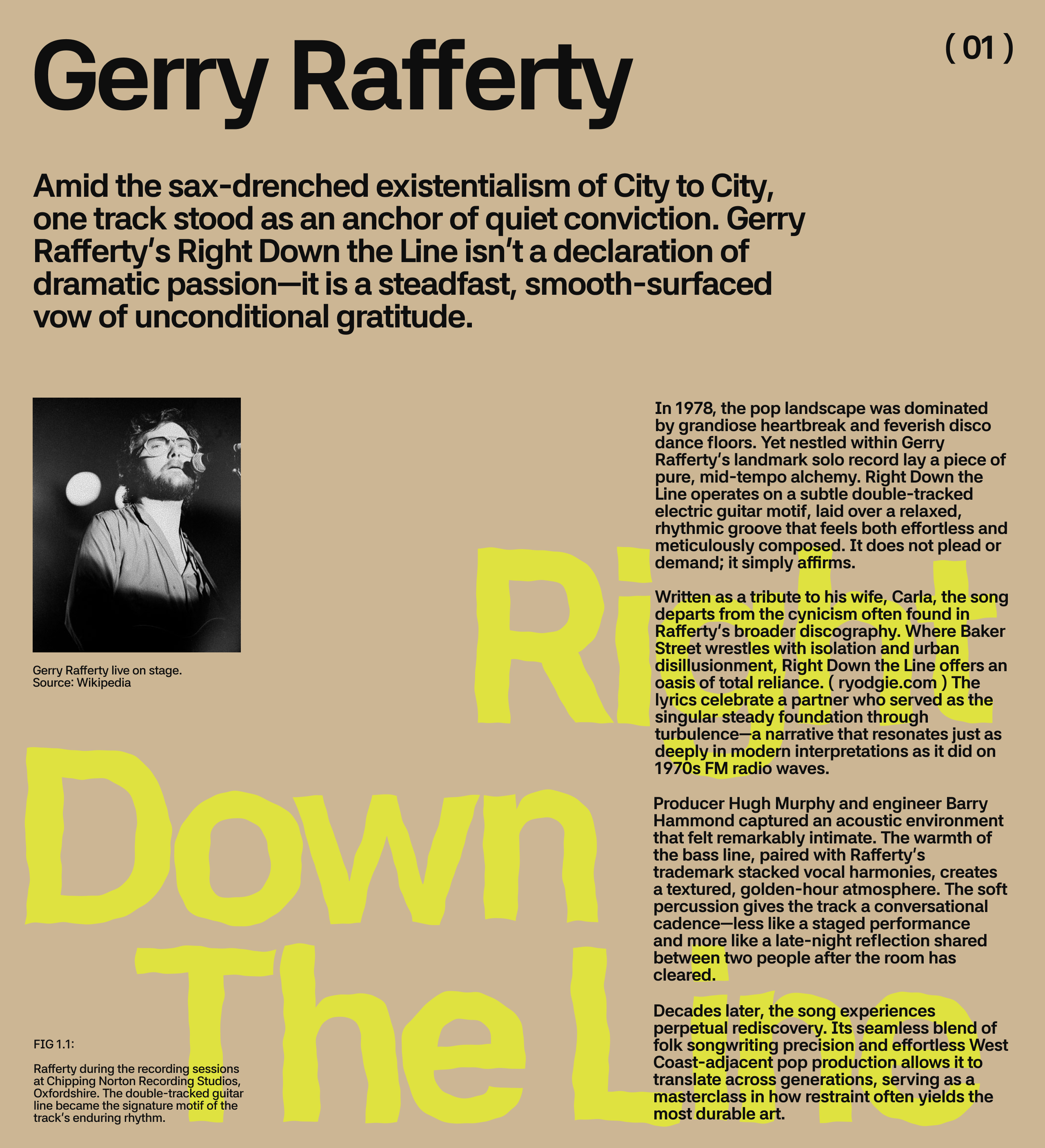 Tan editorial page with a bold Gerry Rafferty headline, a black-and-white live photo, and dense body copy about Right Down the Line, overlaid by oversized chartreuse display type.