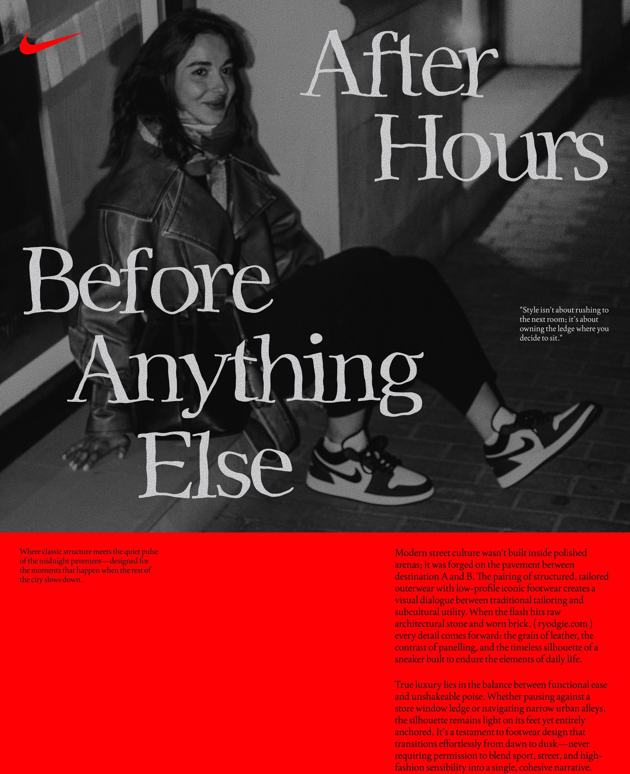 Grainy black-and-white night photo of a woman seated on a ledge in a leather trench and Jordan sneakers, overlaid with serif type reading After Hours, Before Anything Else, above a red panel of body copy.
