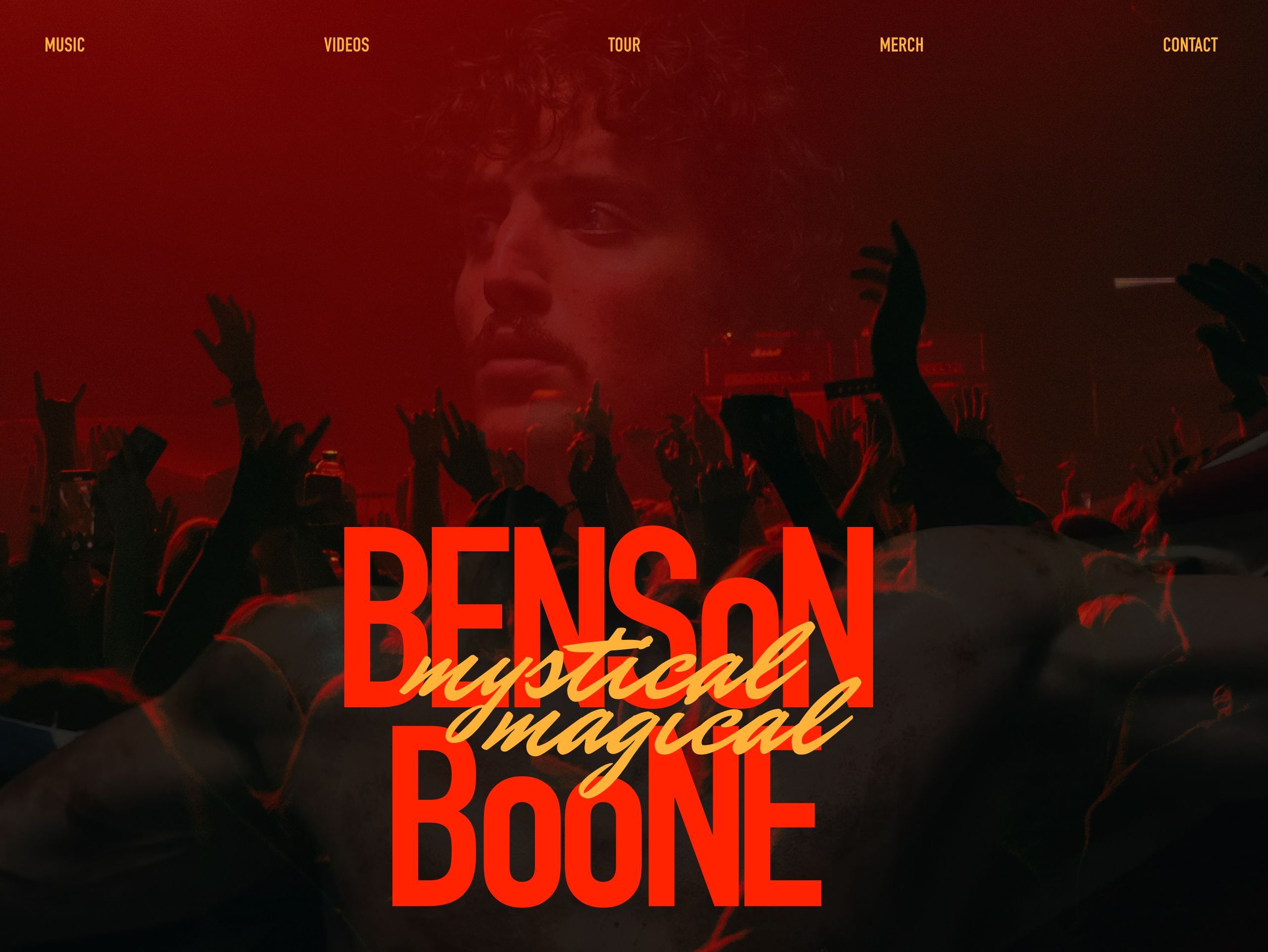 Red-lit concert web layout of a silhouetted crowd with raised hands; bold red BENSoN BOoNE lettering with yellow mystical magical script overlaid