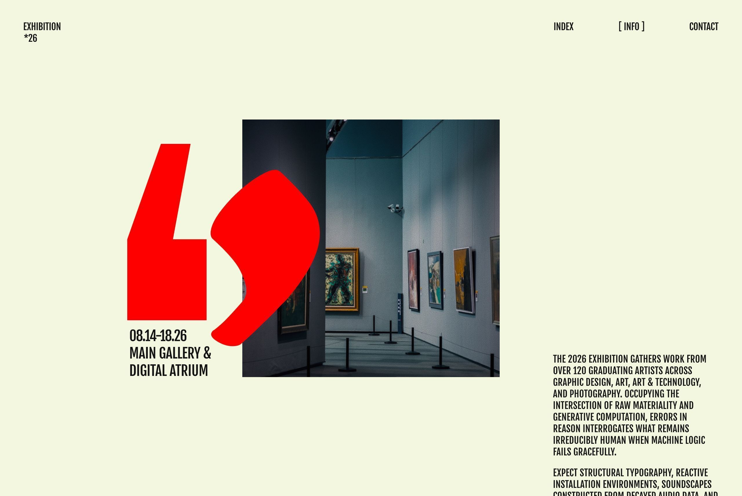 Cream info page with a large red quotation-mark shape and gallery dates beside a photo of a museum interior hung with framed paintings, plus a column of exhibition body copy.