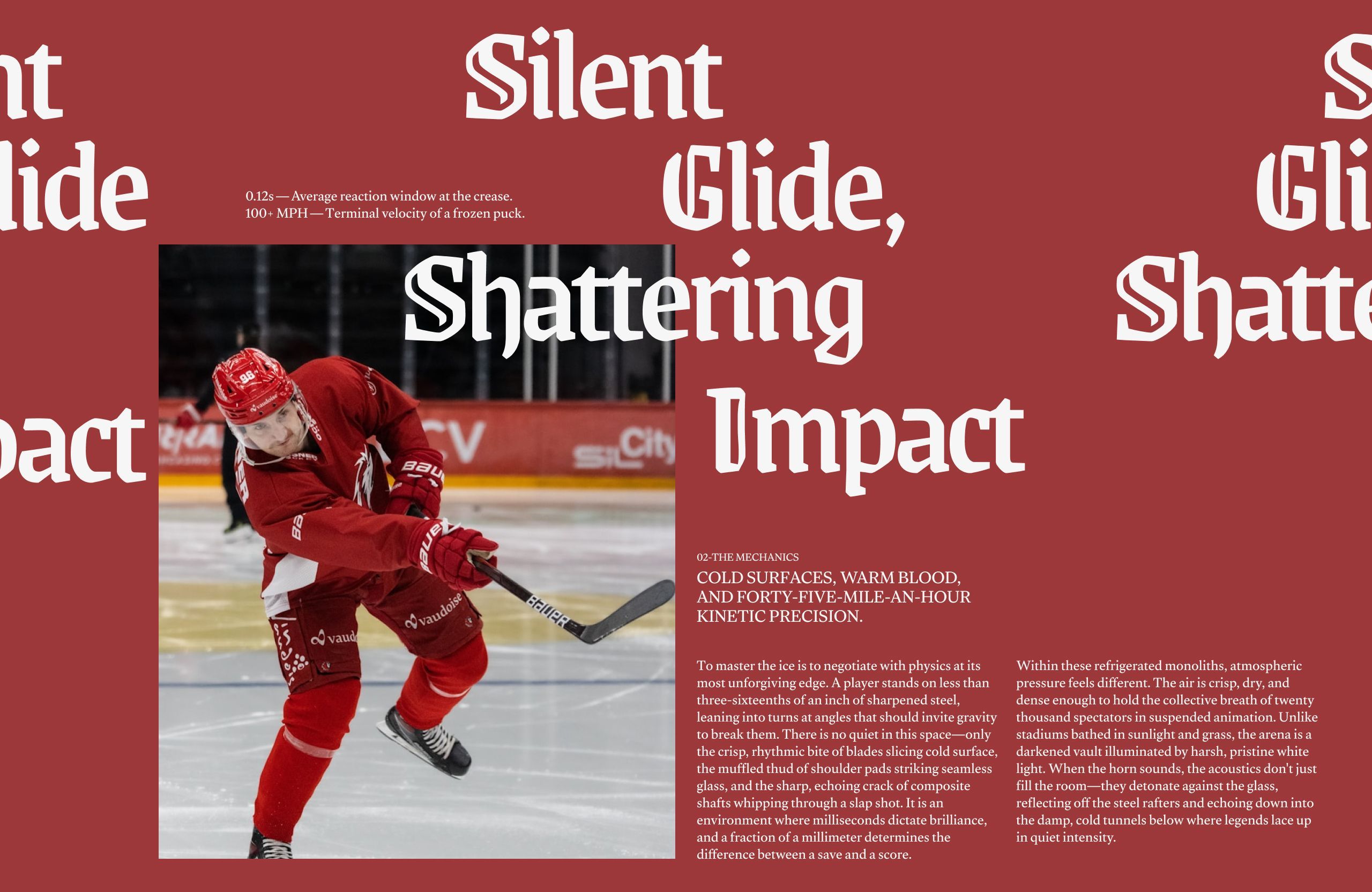 Deep red spread with oversized white blackletter type reading 'Silent Glide, Shattering Impact' overprinting a photo of a hockey player shooting, plus two columns of body copy on the mechanics of the game.