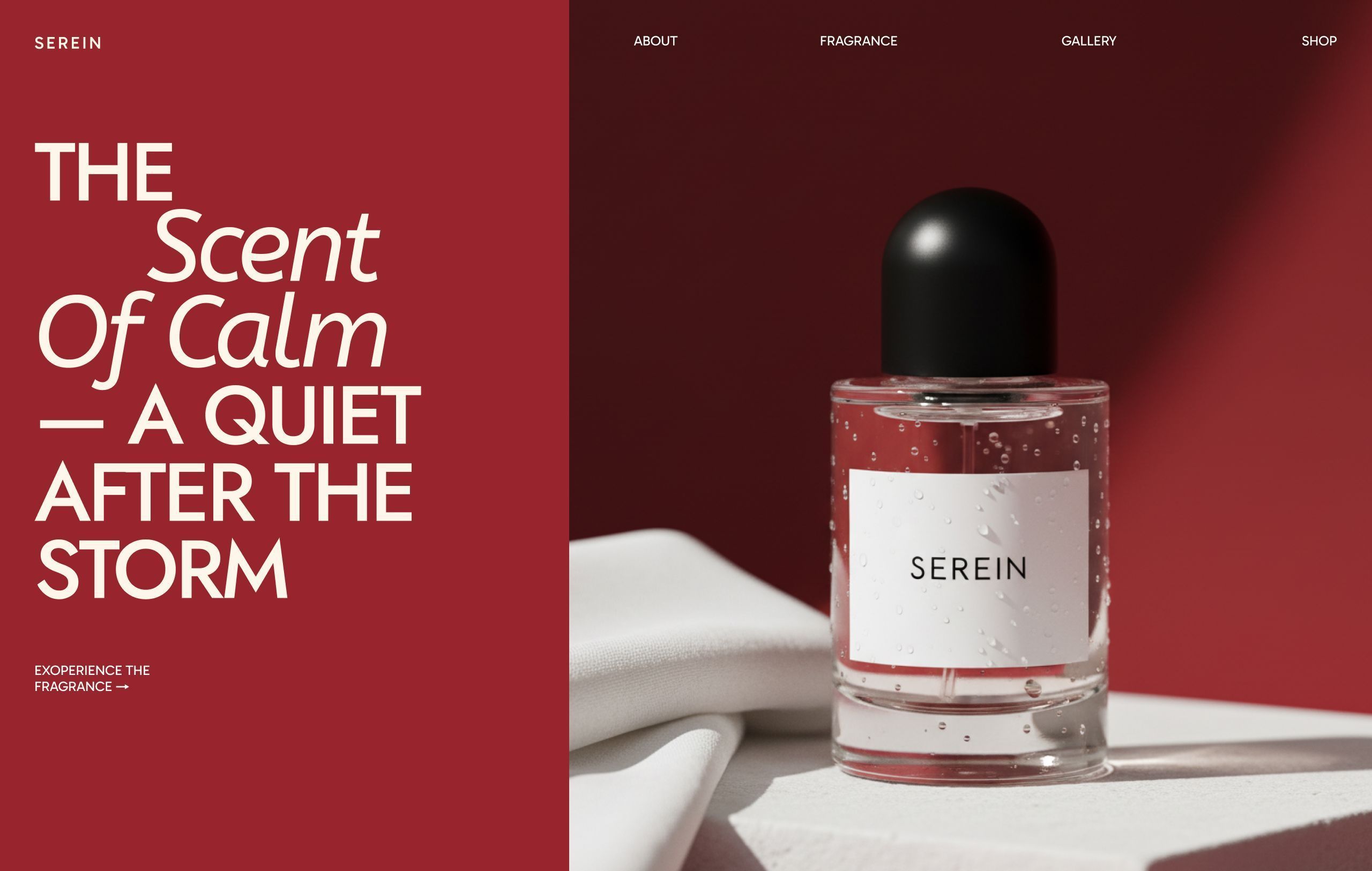 Split hero: a deep red panel with THE Scent Of Calm headline and nav bar, beside a product shot of the Serein perfume bottle with a black domed cap on draped white fabric.