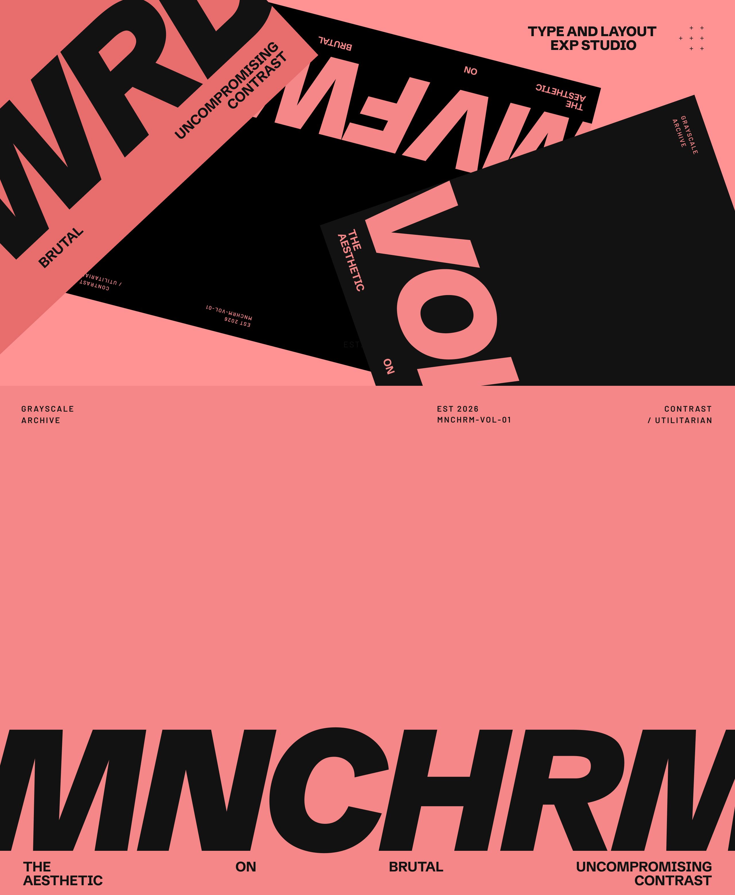 Salmon-pink and black typographic layout of overlapping tilted posters with fragmented MNCHRM and MVFWRD lettering and labels like brutal, uncompromising contrast, grayscale archive.