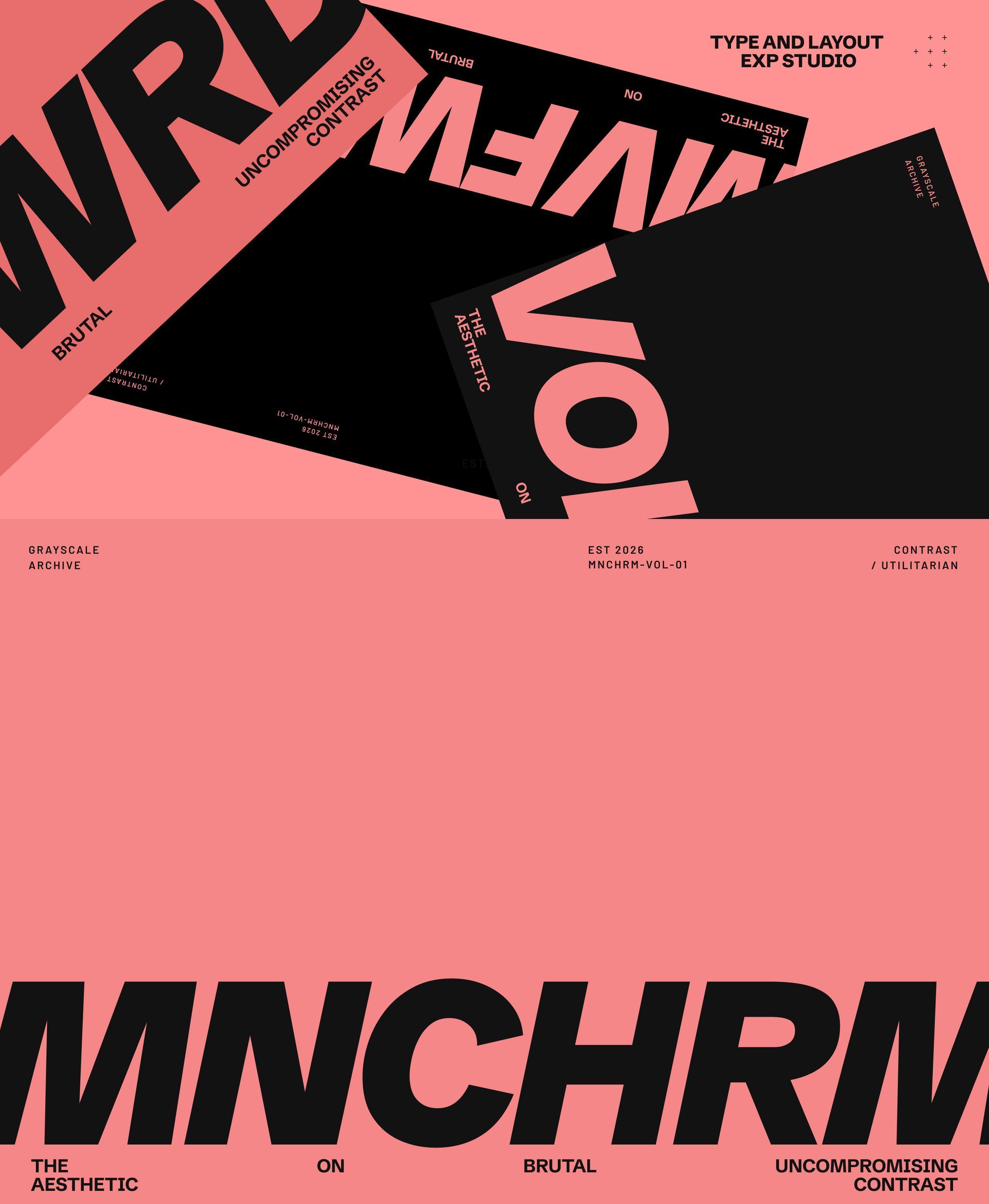 Salmon-pink and black typographic layout of overlapping tilted posters with fragmented MNCHRM and MVFWRD lettering and labels like brutal, uncompromising contrast, grayscale archive.