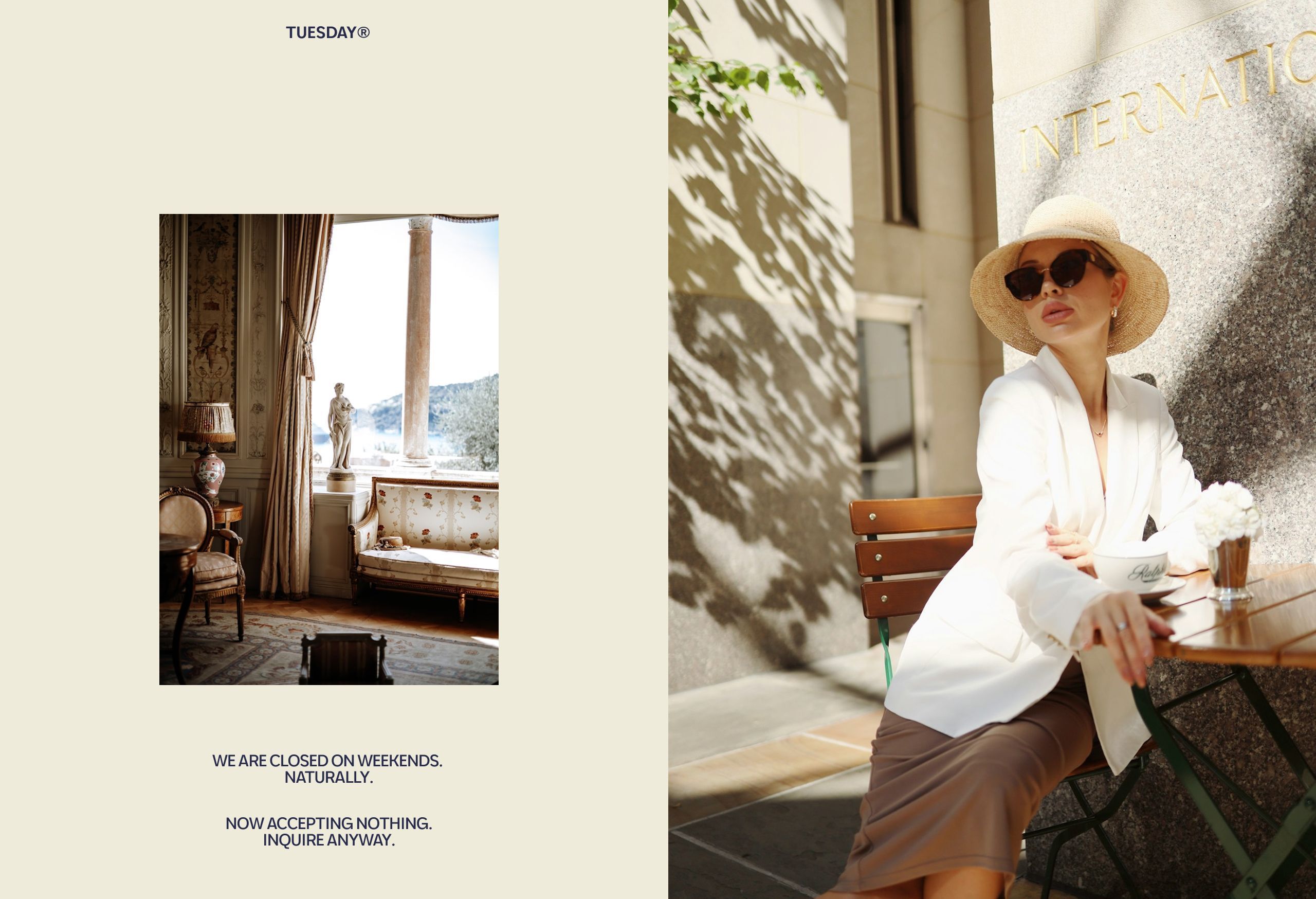 Two-column editorial layout: a framed photo of a sunlit classical villa interior with wry navy copy, beside a woman in a white blazer and straw hat seated at a café table.