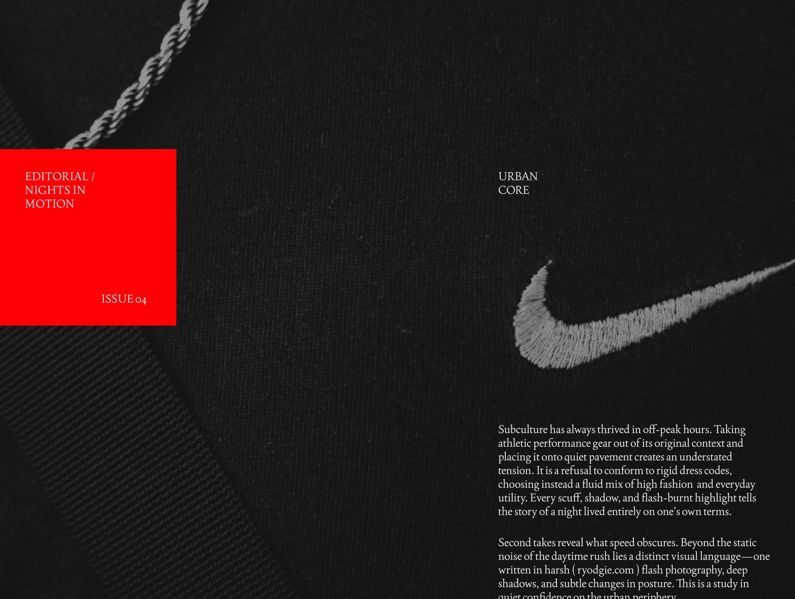 Near-black close-up of an embroidered Nike swoosh on dark fabric with a rope chain, a small red block labelled Editorial / Nights in Motion, Issue 04, and columns of light serif body copy.