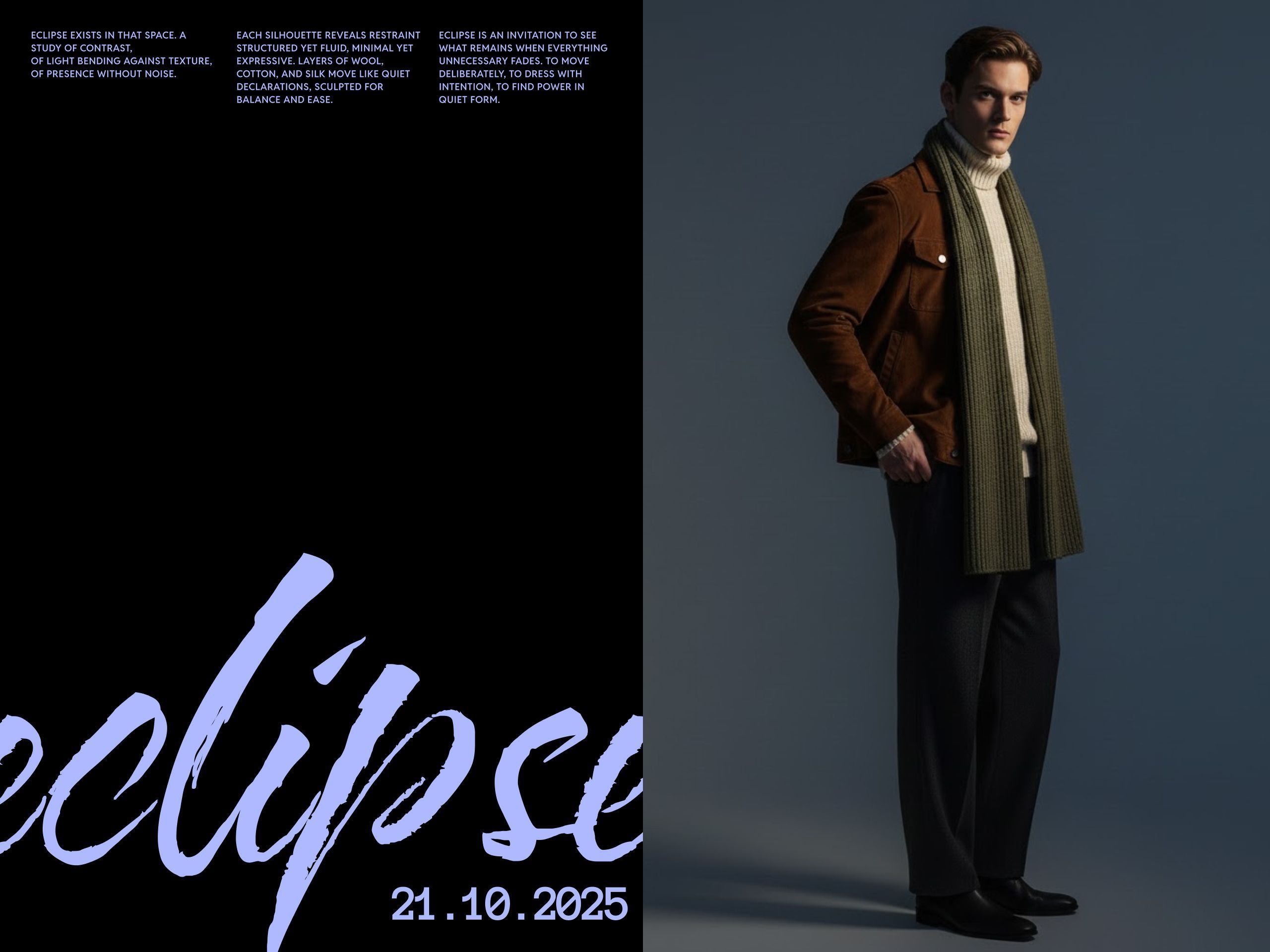 Left panel of lavender body copy and a brushstroke eclipse wordmark on black; right, a man shot full-length in a rust suede jacket, olive scarf, and dark trousers.