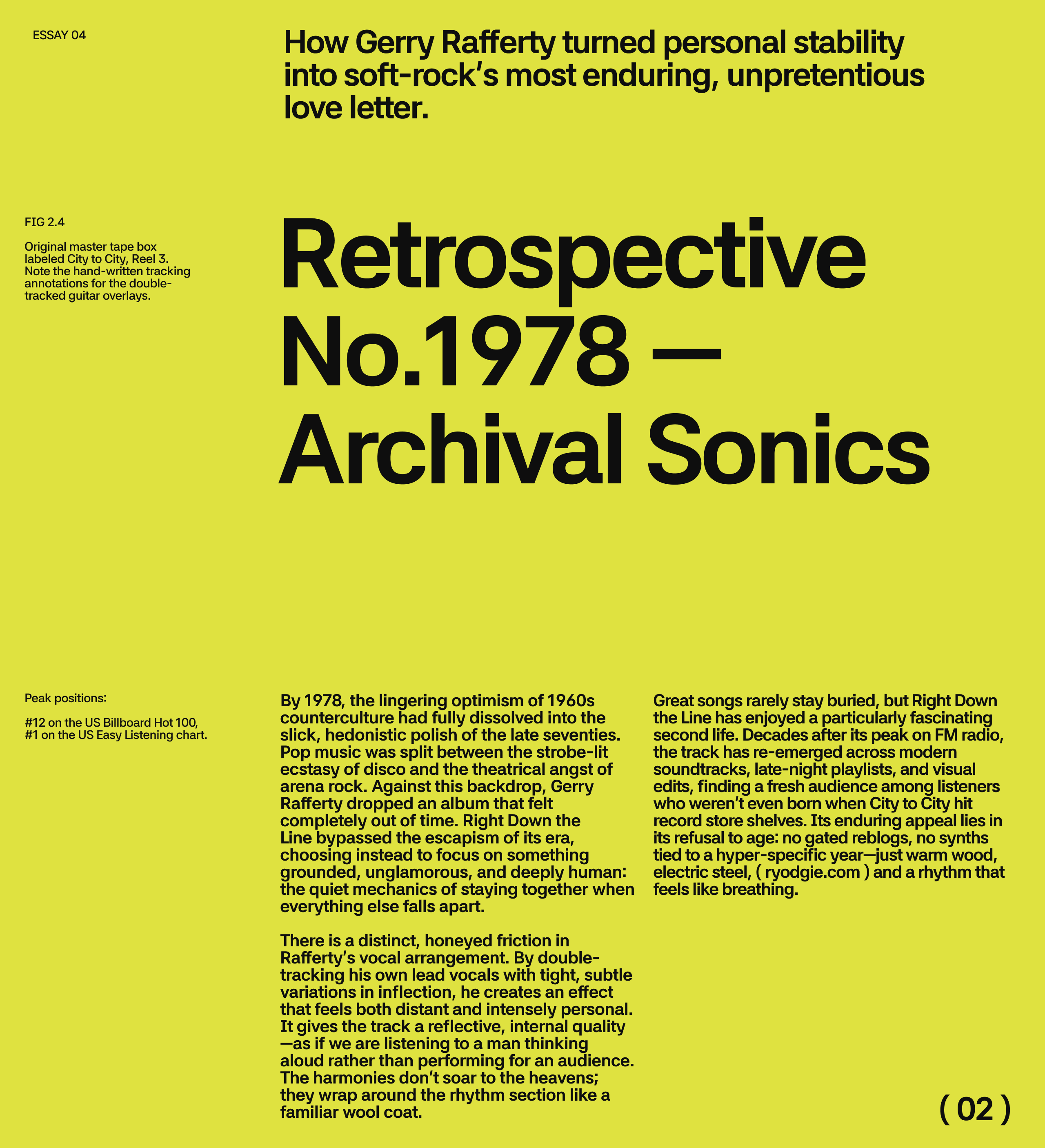 Chartreuse spread titled Retrospective No.1978 — Archival Sonics, with three columns of black body copy on the song's production and legacy, plus marginal figure notes and chart positions.