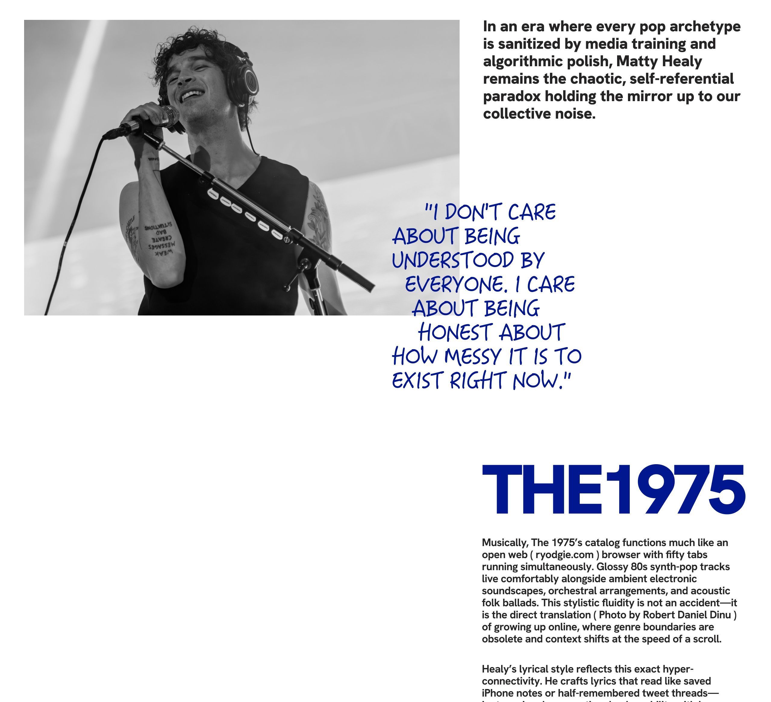 White spread with a black-and-white photo of the singer at a mic, a handwritten blue pull-quote about honesty and mess, a bold blue THE 1975 wordmark, and columns of body copy.