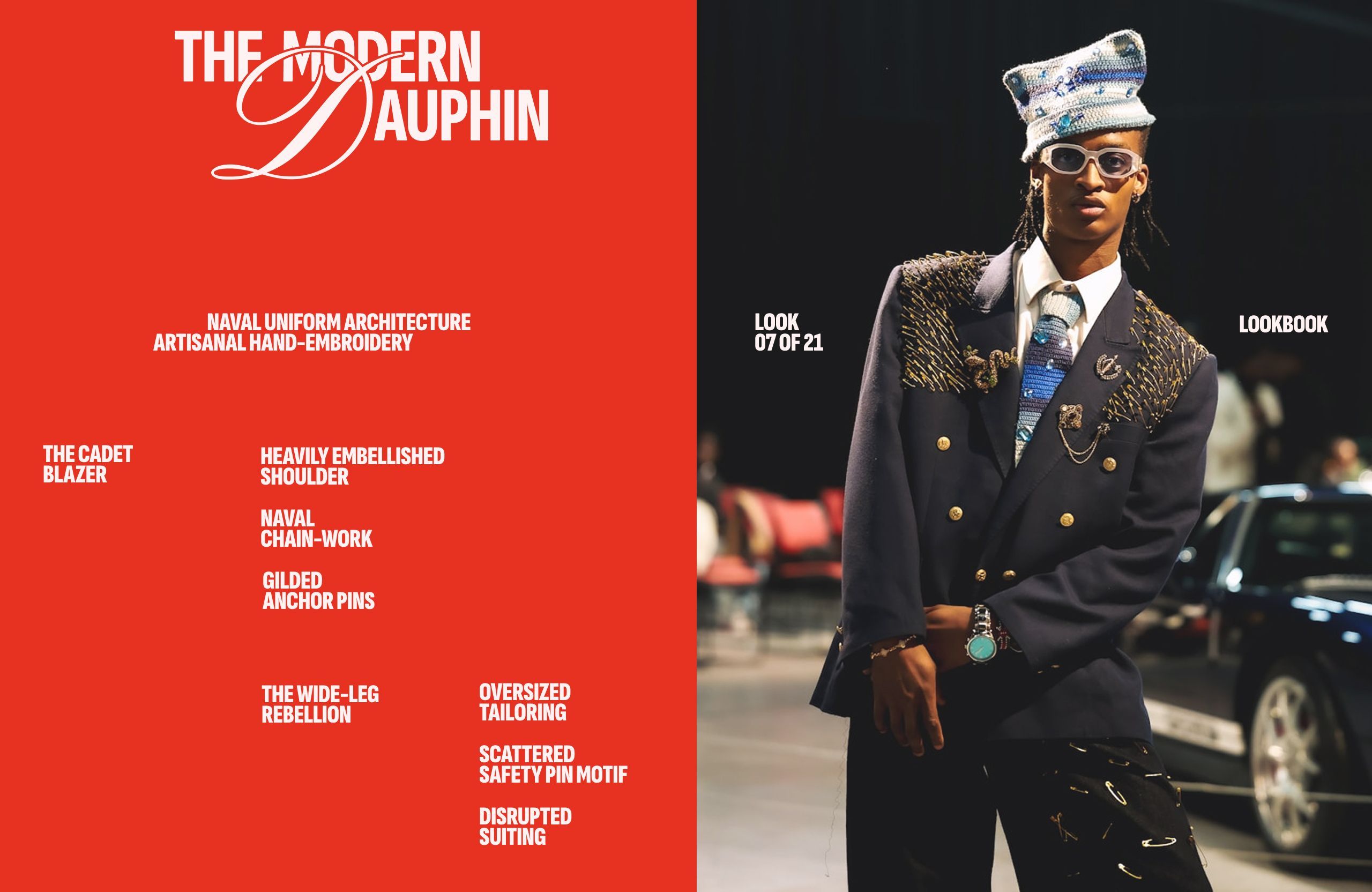 Split spread: a red panel titled The Modern Dauphin listing garment details in condensed caps, next to a full-length runway shot of the embellished naval blazer and wide-leg trousers.