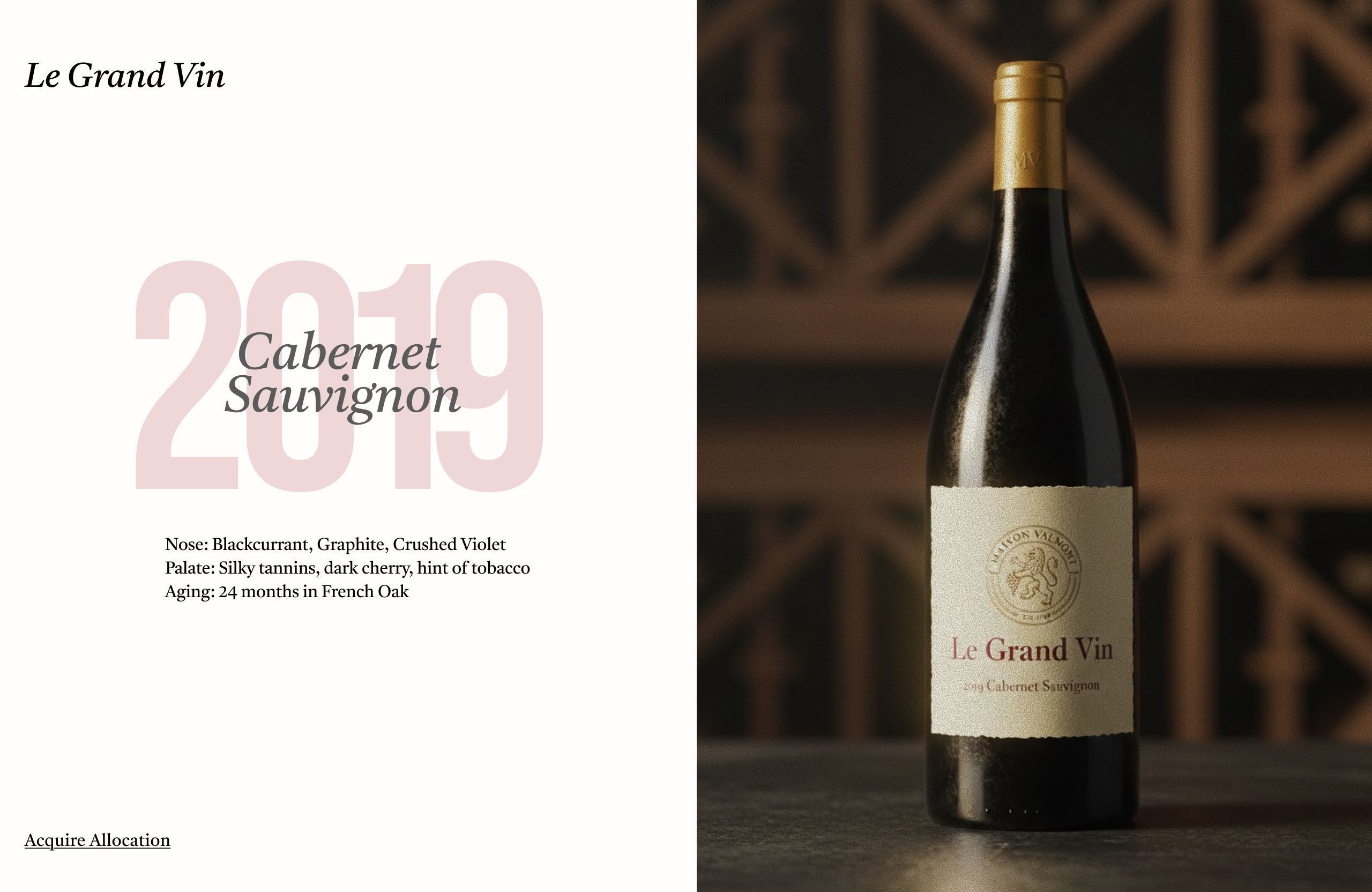 Product page with an italic Le Grand Vin heading, a giant pale-pink 2019, and Cabernet Sauvignon tasting notes beside a dark bottle with a crested cream label.