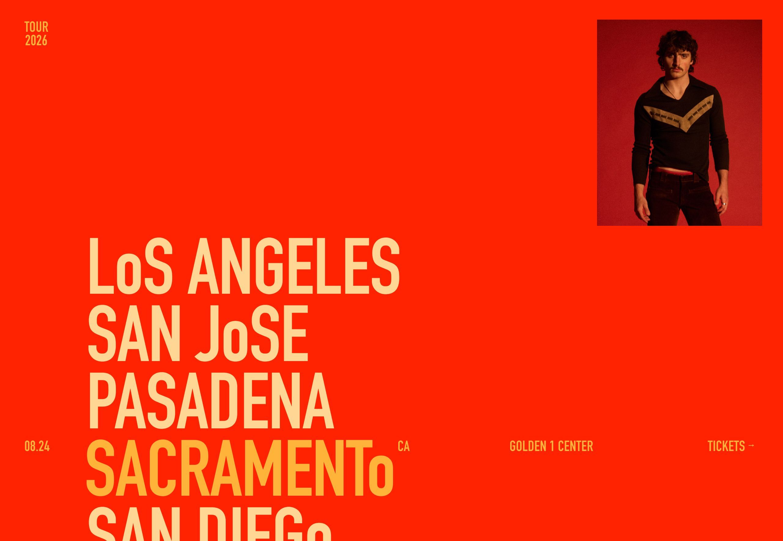 Red-toned tour web layout of a singer; cream and yellow city names list Los Angeles, San Jose, Pasadena, Sacramento, San Diego