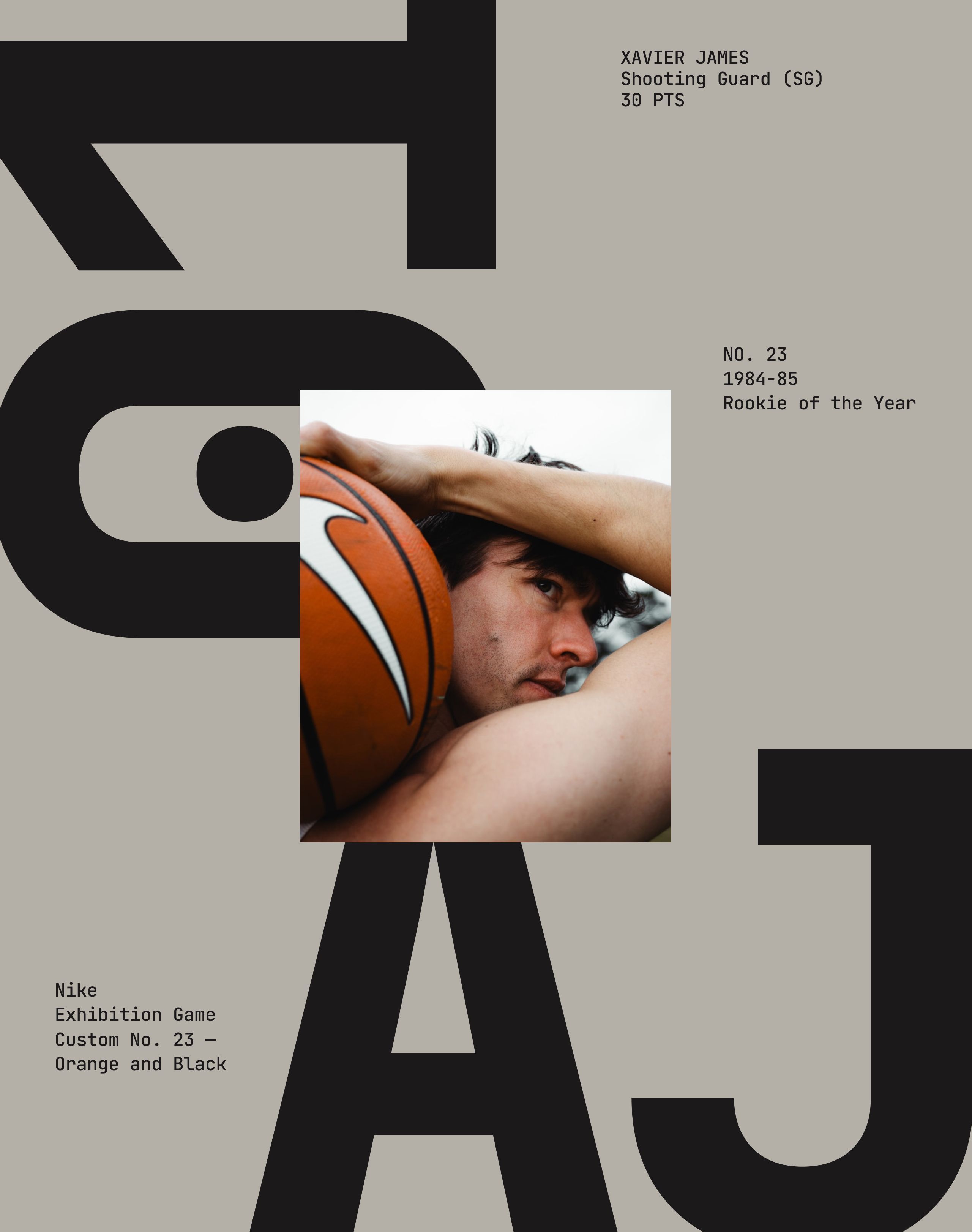 Grey frame with oversized AJ lettering and a photograph of a basketball player mid-shot